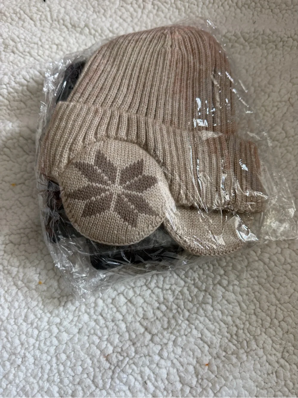 Kids Beige Knit Beanie with Patterned Ear Flaps